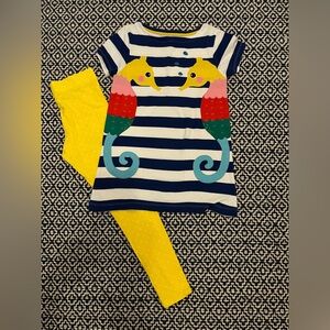 Mini Boden Blue Striped Seahorse Tunic Yellow Dot Leggings